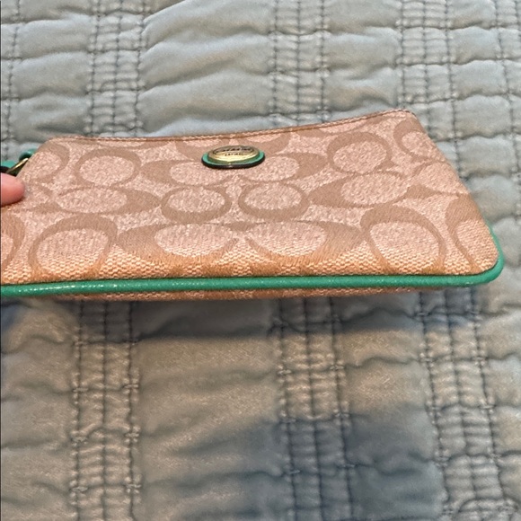 Coach Classic Signature Khaki and  Aqua Teal Wristlet Purse Wallet Bag - Picture 3 of 8